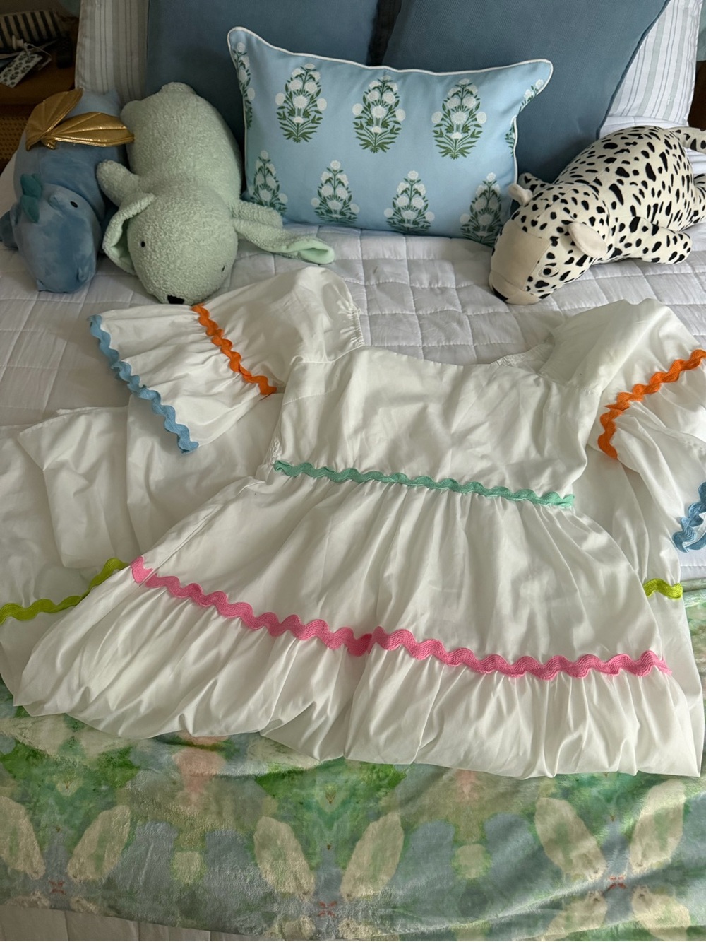 White Cotton Ruffled Dress with Multicolor Ric Rac Trim